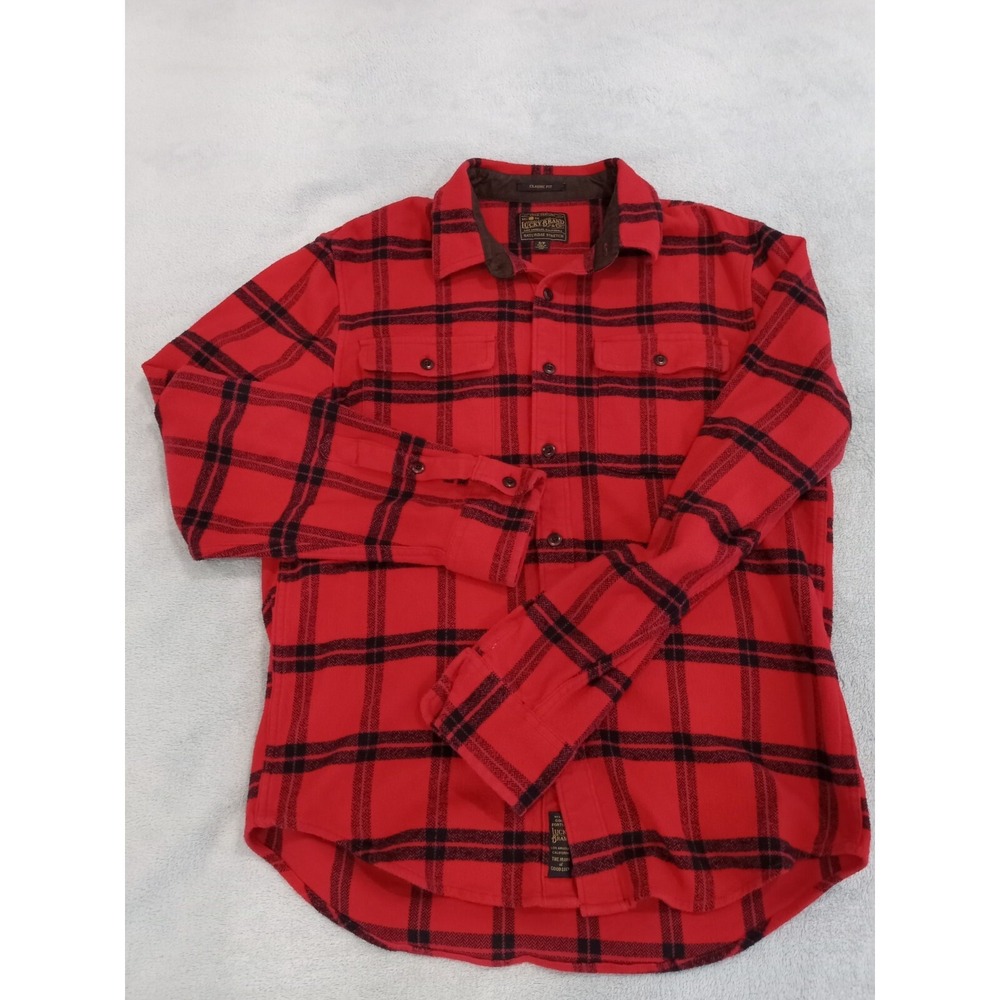 Lucky Brand Men Classic Fit Saturday Stretch Long Sleeve Red Flannel Shirt Small